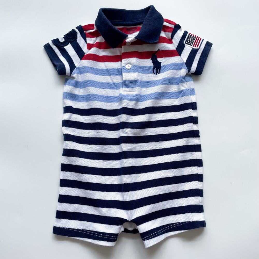 Boy's Polo Ralph Lauren One Piece Red White Blue Striped Large Pony Size 9 Month